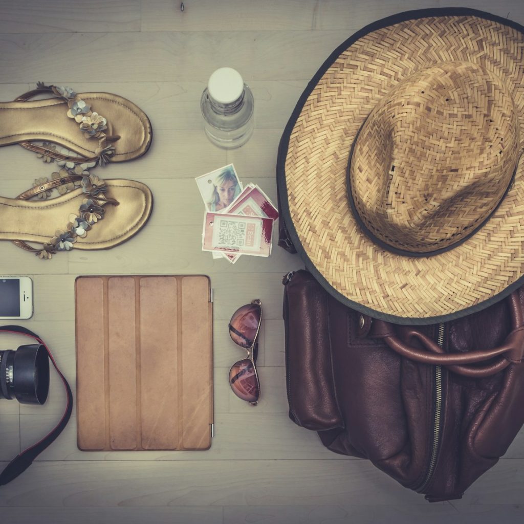 travel items flat lay photography