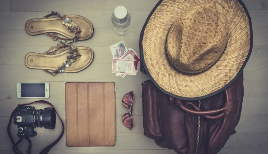 travel items flat lay photography