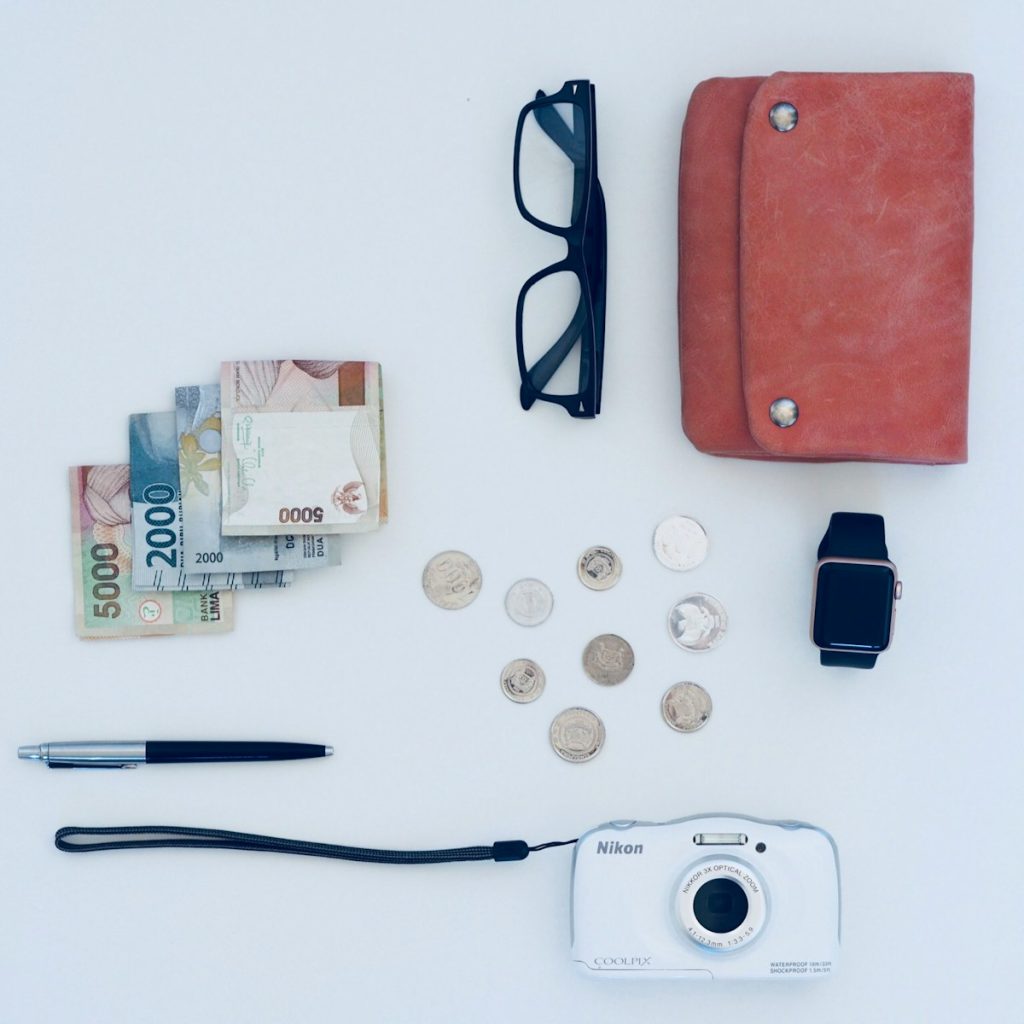 camera, pen, eyeglasses, watch, coin, and banknote